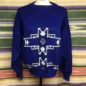 VTG 80s Bronzini Acrylic Knit Sweater Pullover Aztec Abstract Print RETRO Sz L